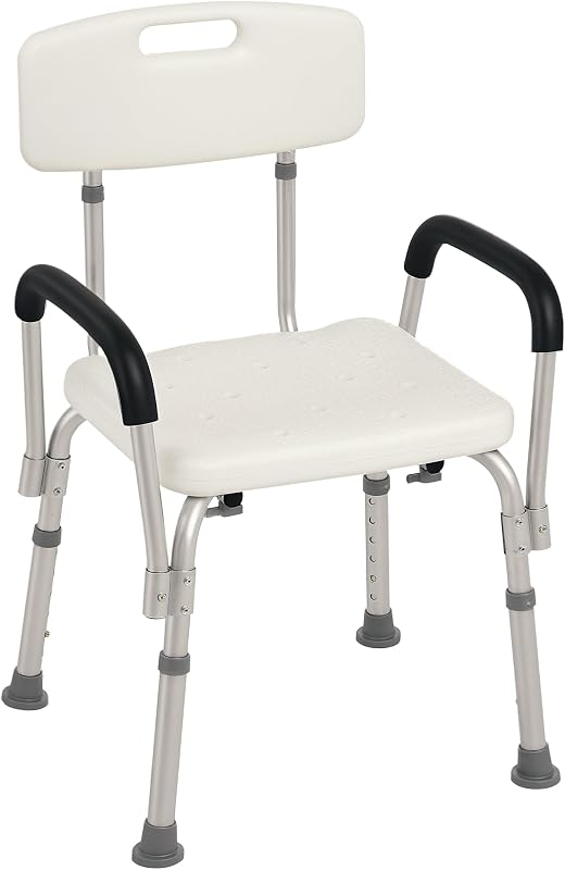 HOMCOM Zuhanyzó Szék Ergonomikus Állítható Magasságú Csúszásgátló Lábakkal Levehető Karfákkal 136kg Terhelhetőség Alumínium Fehér