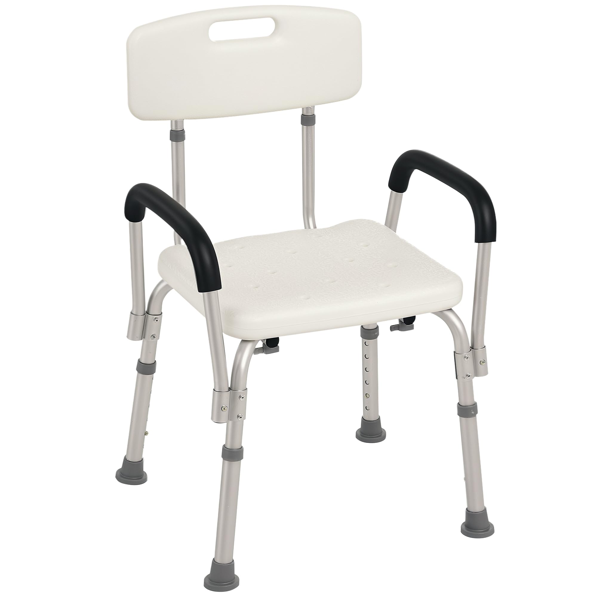 HOMCOM Silla Ducha Personas Mayores Taburete de Ducha Silla para Ducha con Respaldo Altura Regulable Antideslizante y Apoyabrazos Carga 136 kg Ayuda para Baño para Ancianos y Discapacitados