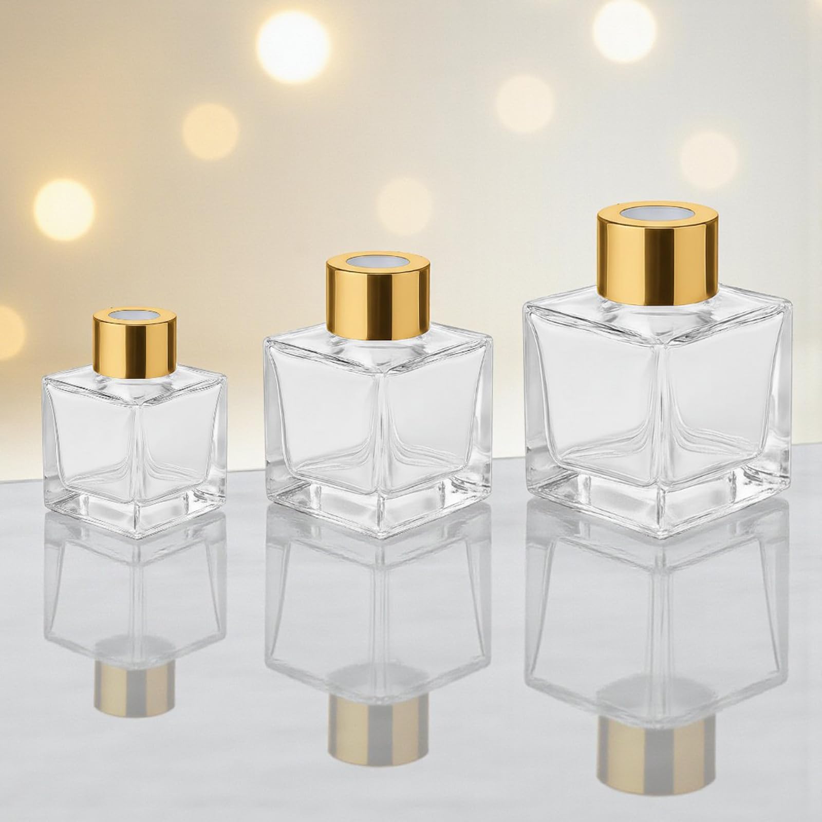 Doni Bomboniere - 50 leere Glasflaschen à 50 ml mit Holzstäbchen für Raumduft - Diffusor für ätherische Öle für Zuhause, Badezimmer, Wohnzimmer, dekorative Möbel (Gold)