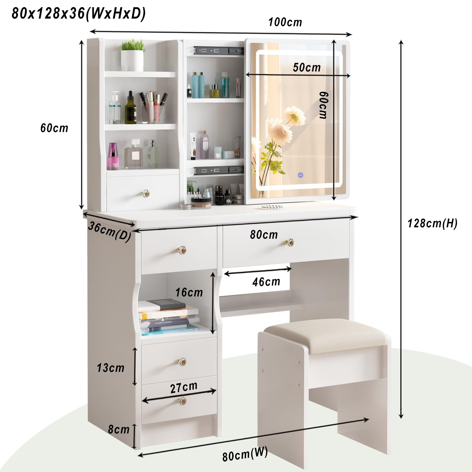 Furnibella - Coiffeuse Avec éclairage LED En 3 Couleurs, Coiffeuse Avec Eclairage Led En 3 Couleurs Coiffeuse Avec Miroir Et 5 Tiroirs Coiffeuse Avec Tabouret 80 X 40 X 137 5 Cm Blanc Rdt25wl