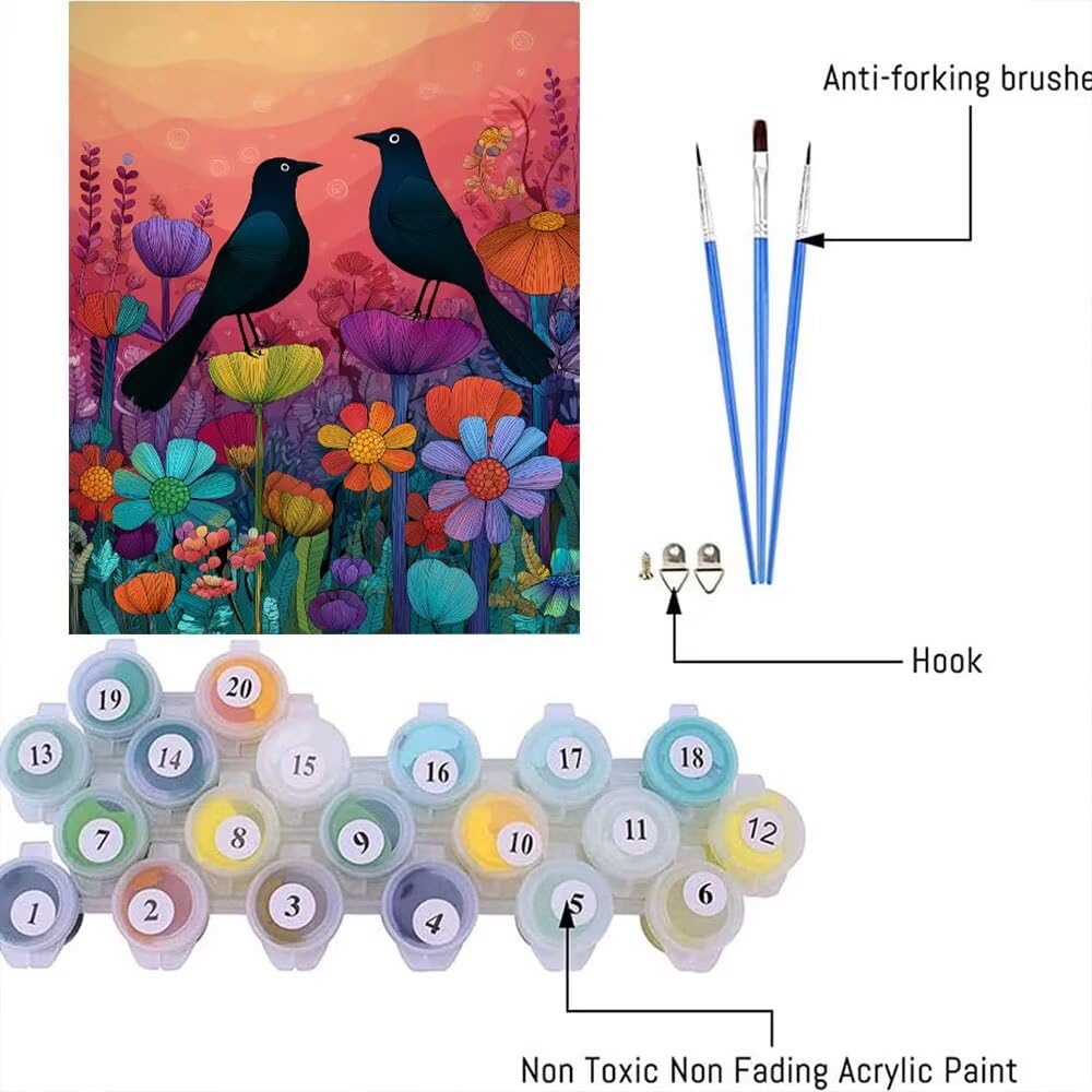 Malen Nach Zahlen Erwachsene DIY Komplettset - Hochwertige Acrylfarben & Leinwand - Entspannendes Kunsthandwerk für Anfänger & Fortgeschrittene - Ideales Home Deko - Krähe Blumen Motiv (80x100cm) C881