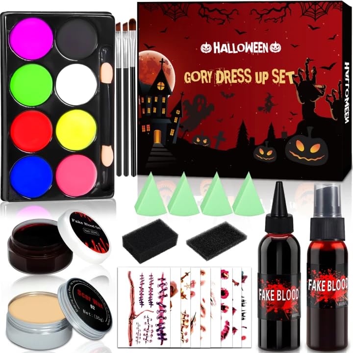 MKAKYES Maquillaje Halloween Profesional Kit, 44 Piezas Set de Maquillaje de Halloween, con Spray de Sangre Falsa Cera Cicatriz Pegatinas para Tatuajes, Pintura Facial, para Halloween Carnaval Fiesta