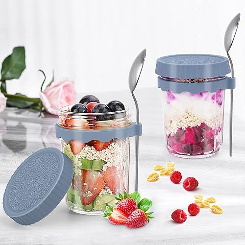 Miniatura 7 de Paquete de 2 recipientes de avena durante la noche con tapa y cuchara, tarros de avena herméticos de 12 onzas con marcas de medición para desayuno,