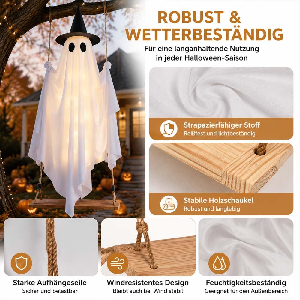 Swinging Ghost,Schaukelnder Geist,HäNgende Geister Auf Der Schaukel Mit Fernbedienung,Led-Geist FüR Halloween-Dekoration Innen Und AußEnbereich, Garten, Party (Mit Licht,Ohne Hut)
