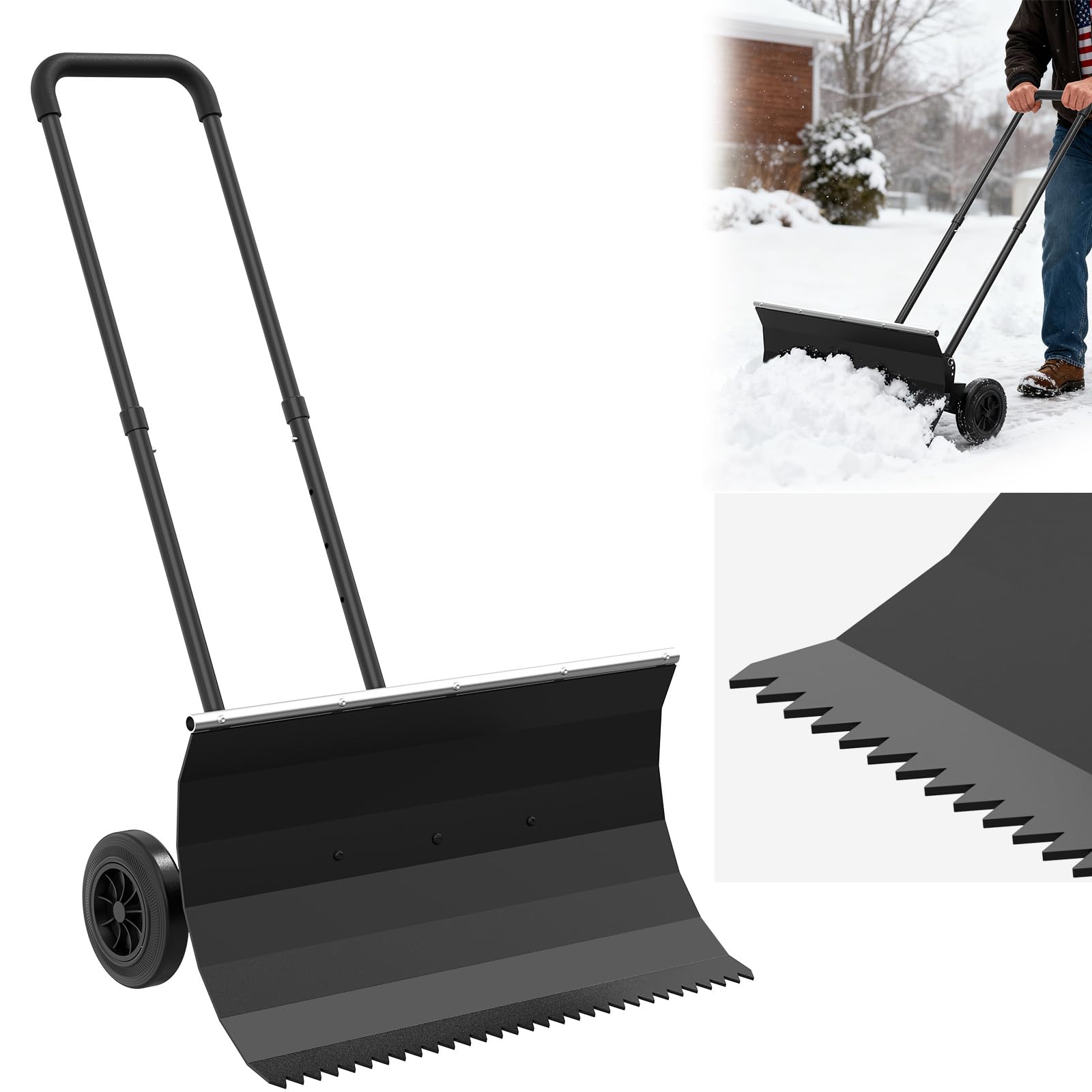 Snow Shovel with Wheels for Driveway, Combined Snow and Ice Removal Design, Angle Adjustable Blade & Handle Snow Pusher Shovel, Efficient Snow Plow for Pavement