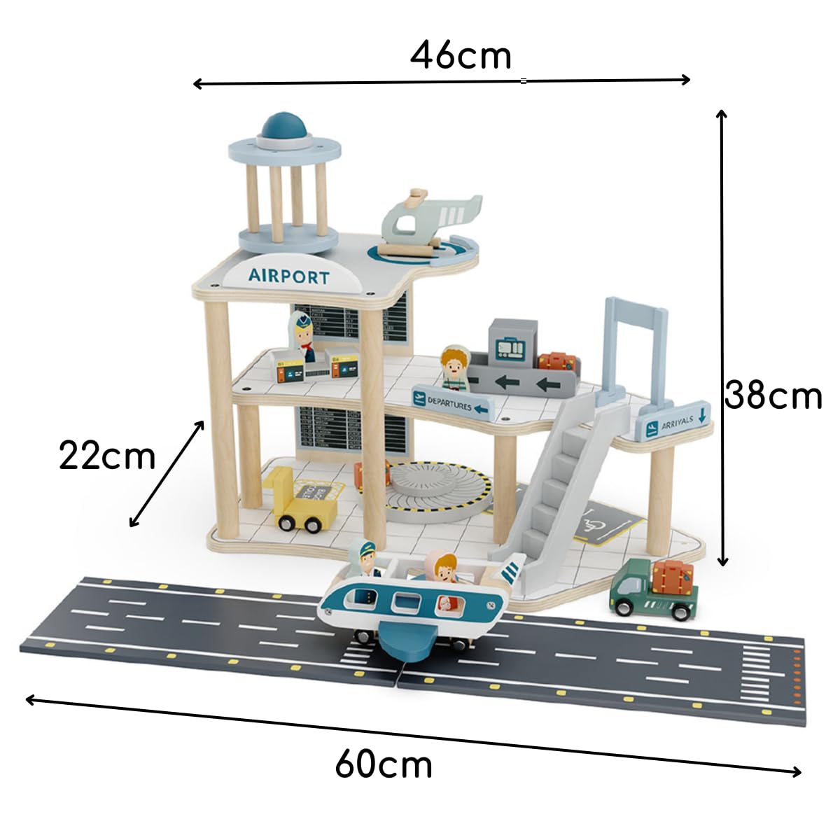 howa Spielzeug Flughafen Holz mit Flugzeug & Hubschrauber – Flugzeugspielset mit Landebahn, Tower, Fahrzeugen & 4 Spielfiguren – Holzspielzeug Set inkl. 18-teiligem Zubehör 7018