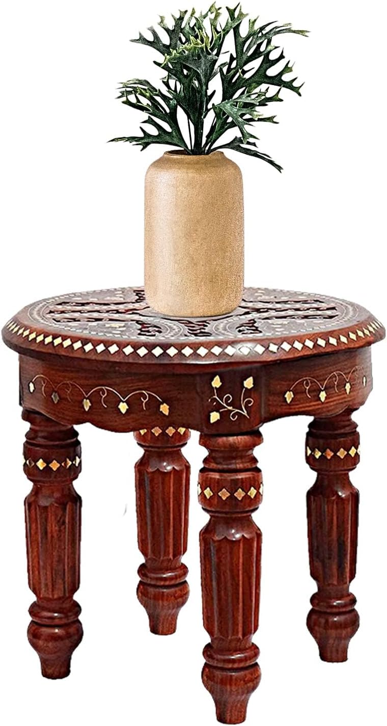 Handcrafted Foldable Side Table Carving Brass Inlayed Design Round Coffee Table for Living Room Brown Large 12x12 Inches
