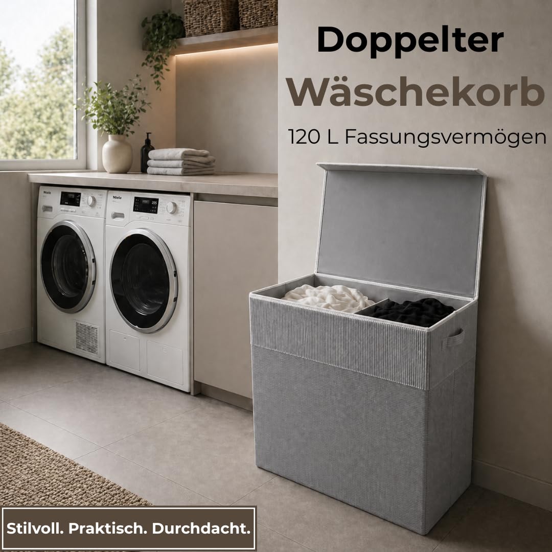 TALIDA Wäschekorb Cord – mit abnehmbaren Deckel | platzsparend & praktisch | faltbarer Wäschesammler | Pfandflaschen Sammelbehälter | Schlafzimmer, Kinderzimmer & Badezimmer (Hellgrau, 120L)