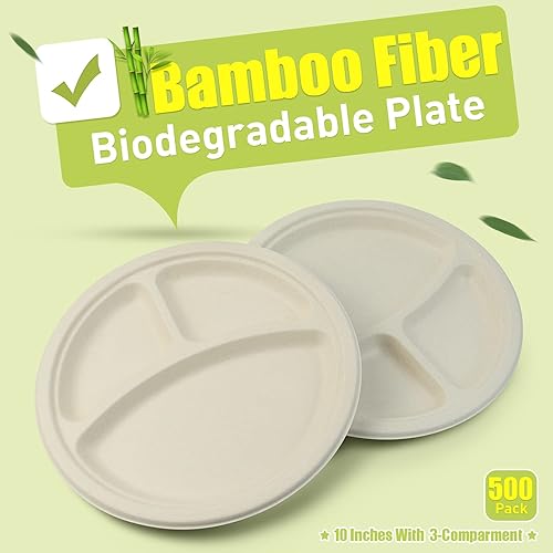 Miniatura 9 de Green Earth, Platos compostables de 10 pulgadas, 125 unidades, fibras de bambú naturales, vajilla diaria - biodegradable - forma redonda desechable