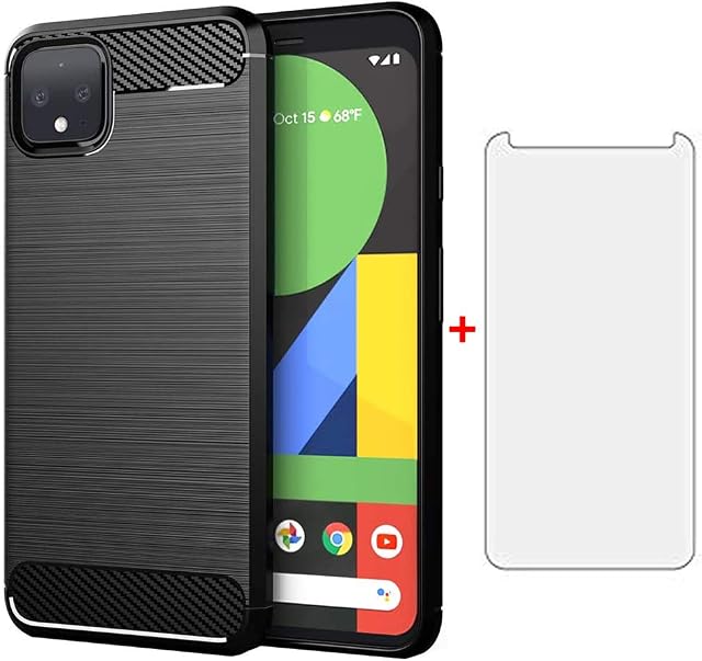 Phone Case for Google Pixel 4 and Tempered Glass Screen Protector with Accessories Shockproof Silicone Rugged Full Body Mobile Silicon Film Thin Soft Slim Carbon Fiber Pixel4 Four Girls Men Black