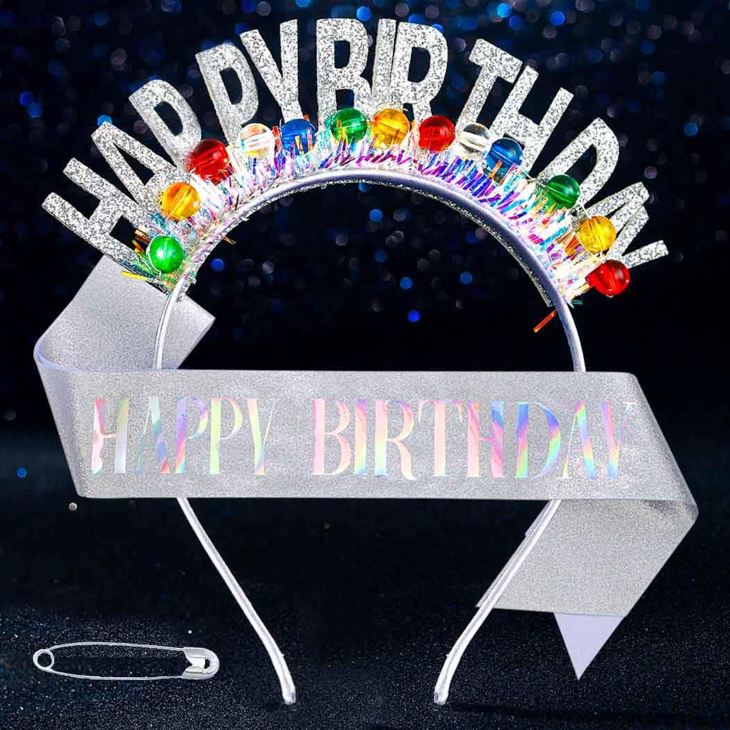 Aceorna Birthday Headbands and Sash Silver Happy Birthday Crowns Beaded Halo Headband Glitter Birthday Hair Accessories for Women