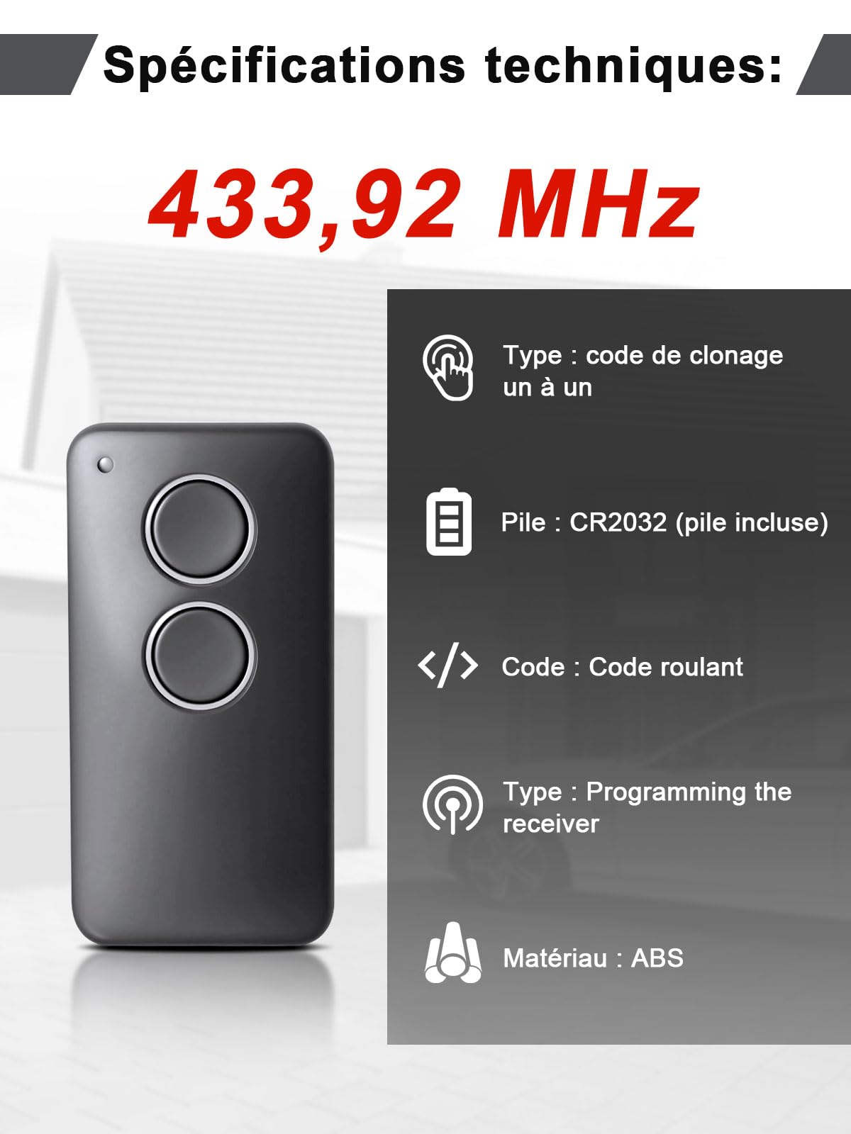 433,92 MHz Mando a Distancia para Puertas Garaje, Mando a Distancia 2 Canales, Compatible con V2 PHOX2, PHOX4, TRC4, TSC4, Phoenix 2, Phoenix 4, Código Variable, 2 Unidades