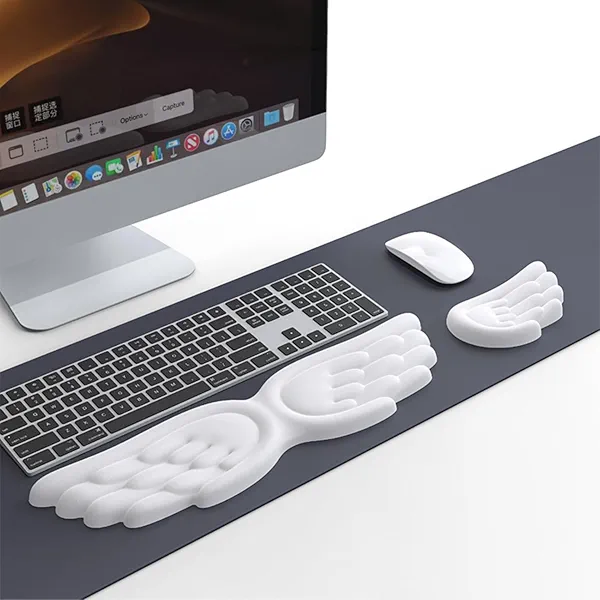 Angel Wing Wrist Rest Ergonomic Memory Foam Wrist Rest for Computer Keyboard Mouse Set, Cute Gaming Keyboard Cushion Hand Support PU Leather Surface Anti-Slip Waterproof Dirt Resistant White