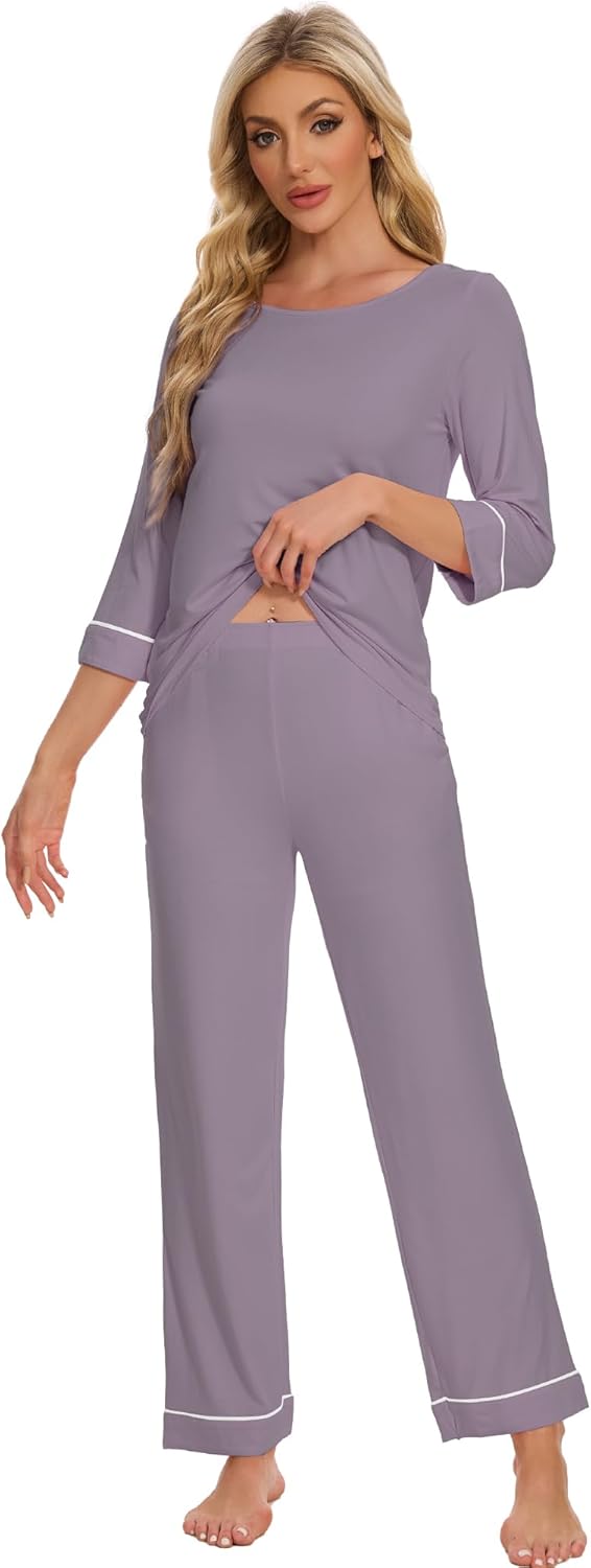 WiWi Pajamas for Women Scoop Neck 3/4 Sleeve Pajama Set Soft Sleep Lounge Set Sleepwear -Viscose from bamboo S-XXL - Image 3