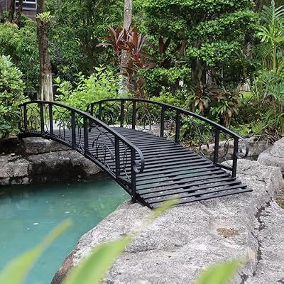Kinpaw 8FT Metal Garden Bridge, Outdoor Arc Walkway with 2 Safety Rails, Durable Decorative Footbridge with Large Weight Capacity, Decor for Stream, Fish Pond, Antique Black