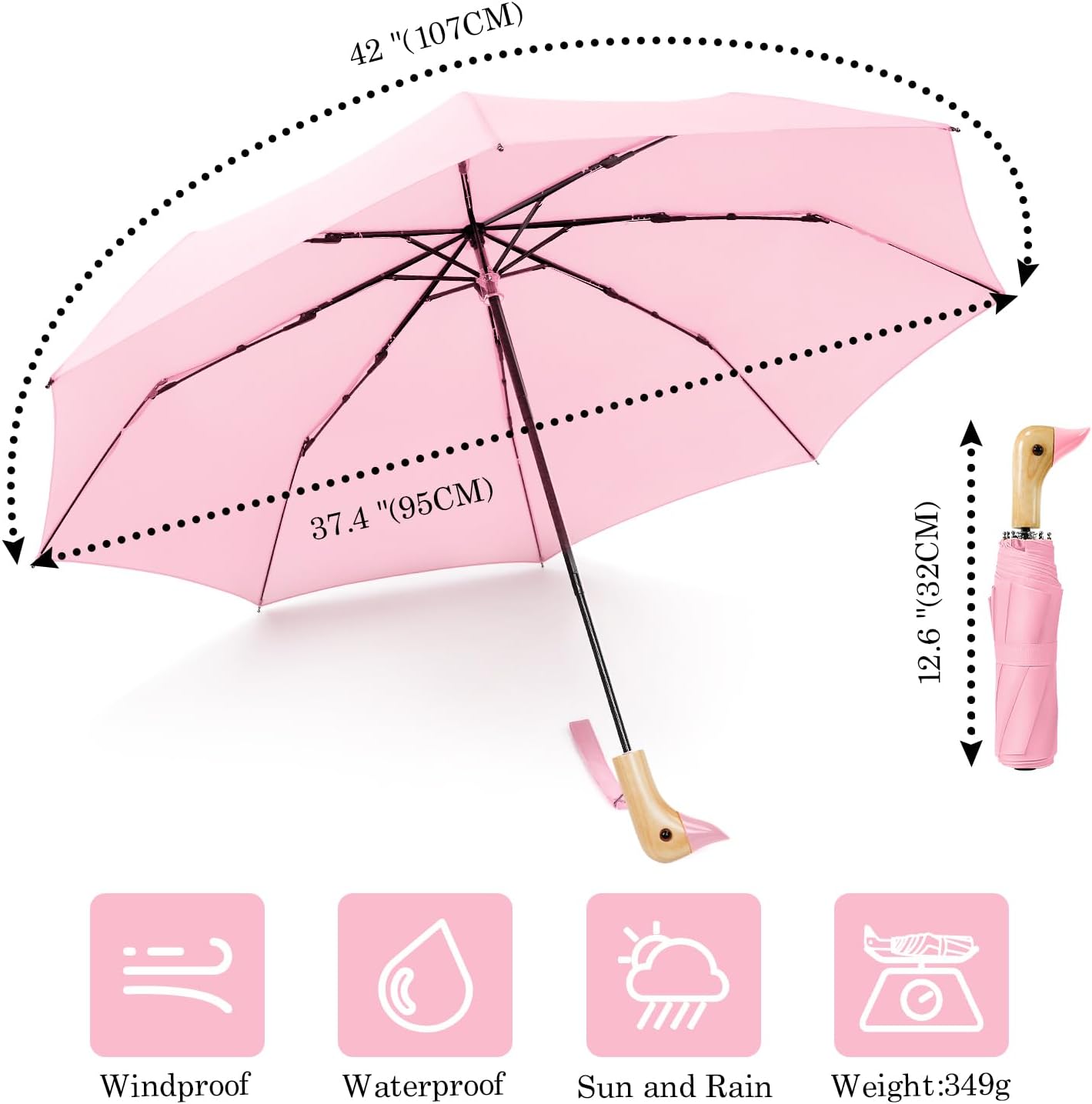 Cute Duck Handle Umbrella - Compact Travel Yellow Duck Head Umbrella for Adults and Girls