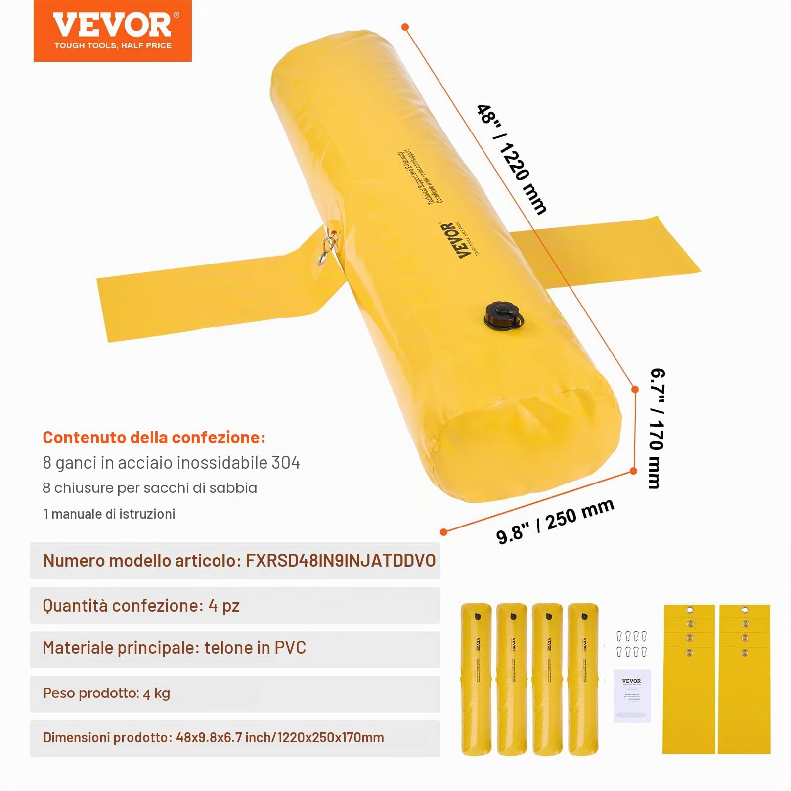 VEVOR Sacco Antiallagamento, 4 Pezzi, Barriera Antiallagamento Alternativa, Portatile e Facile da Usare per Casa, Ingresso, Vialetto 122 x 25 x 17 cm Giallo
