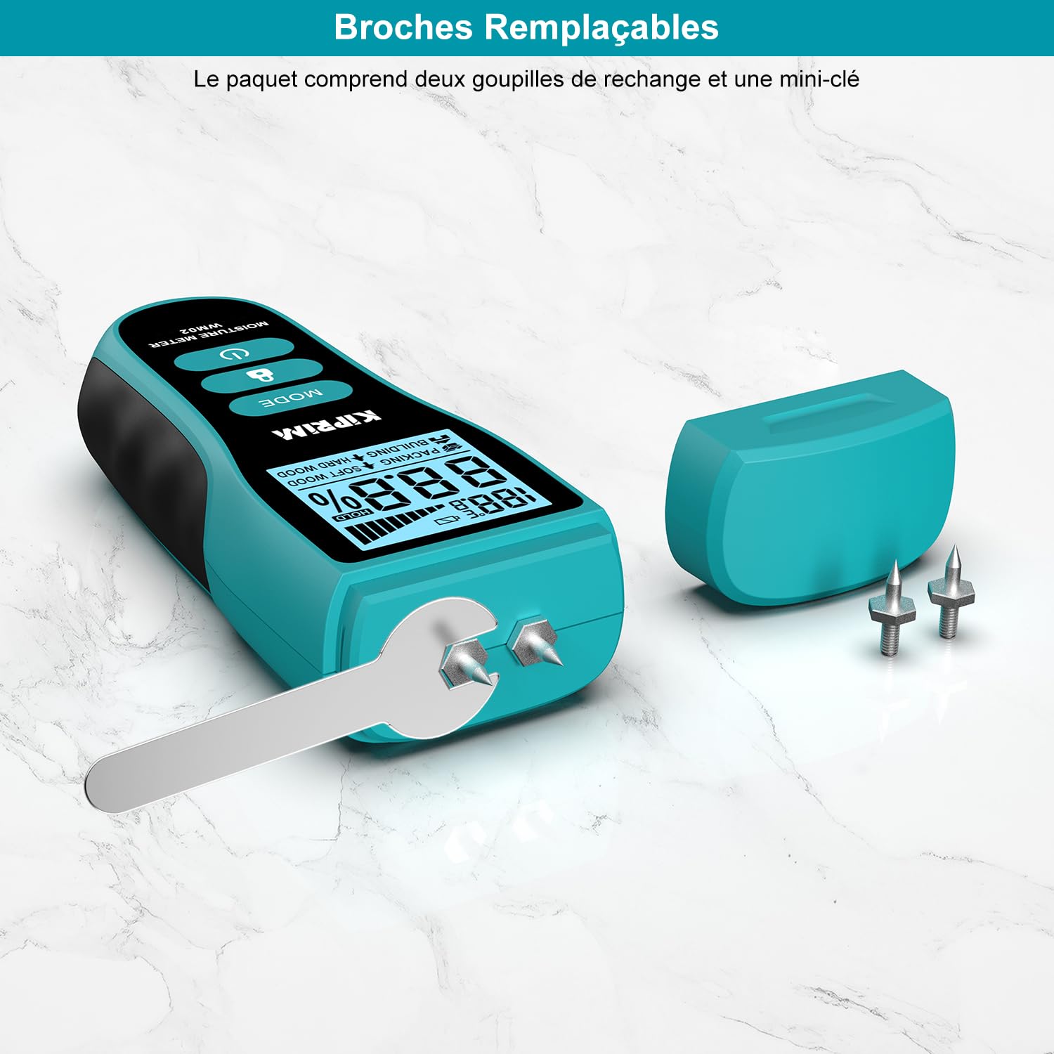 Kiprim WM02 Moisture Meter with a wrench replacing one of the measurement pins, with spare pins visible.