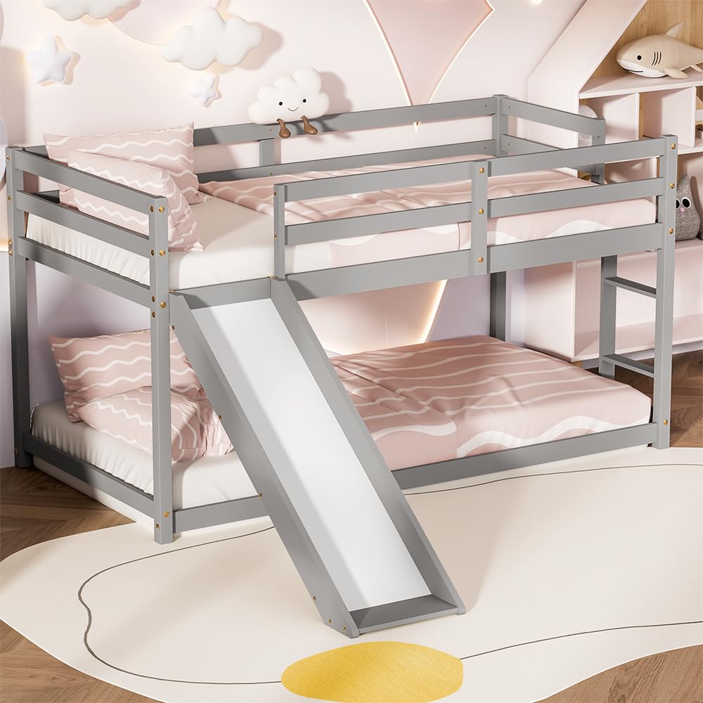 TOLEAD Loft Bed with Slide, Wood Twin Low Loft Bed with Climbing Ladder & Storage Space for Kids Toddler, Grey