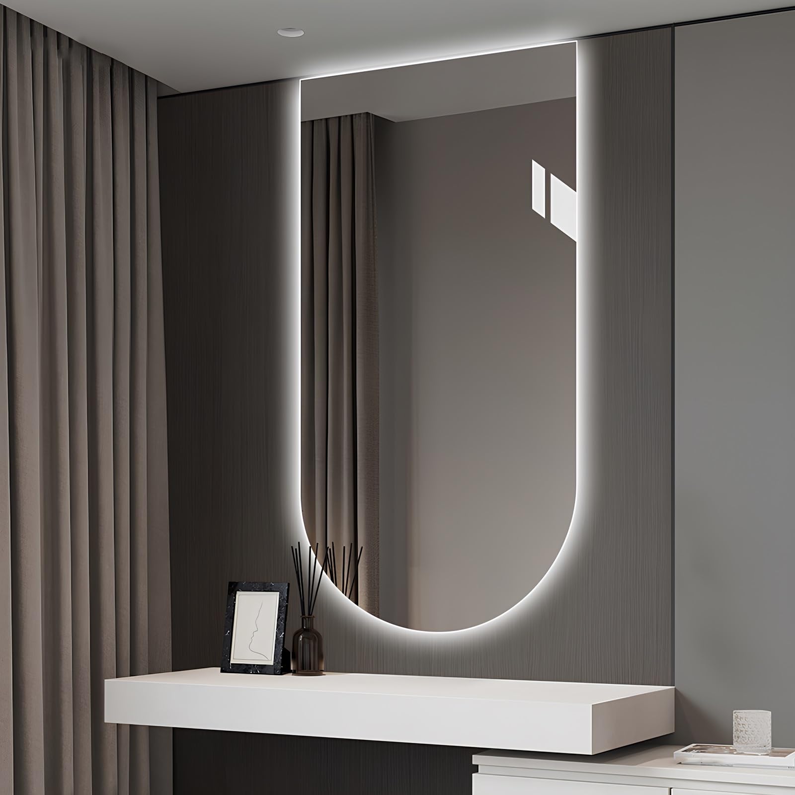 FGXHHS Arched Wall Mounted Vanity Mirror With Lights, 40×70 Cm, 50× 90 Cm Dimmable LED Backlit, Anti-Fog, Touch Control, IP44 Waterproof(Up Cut,50x80cm/19.7x31.5in)