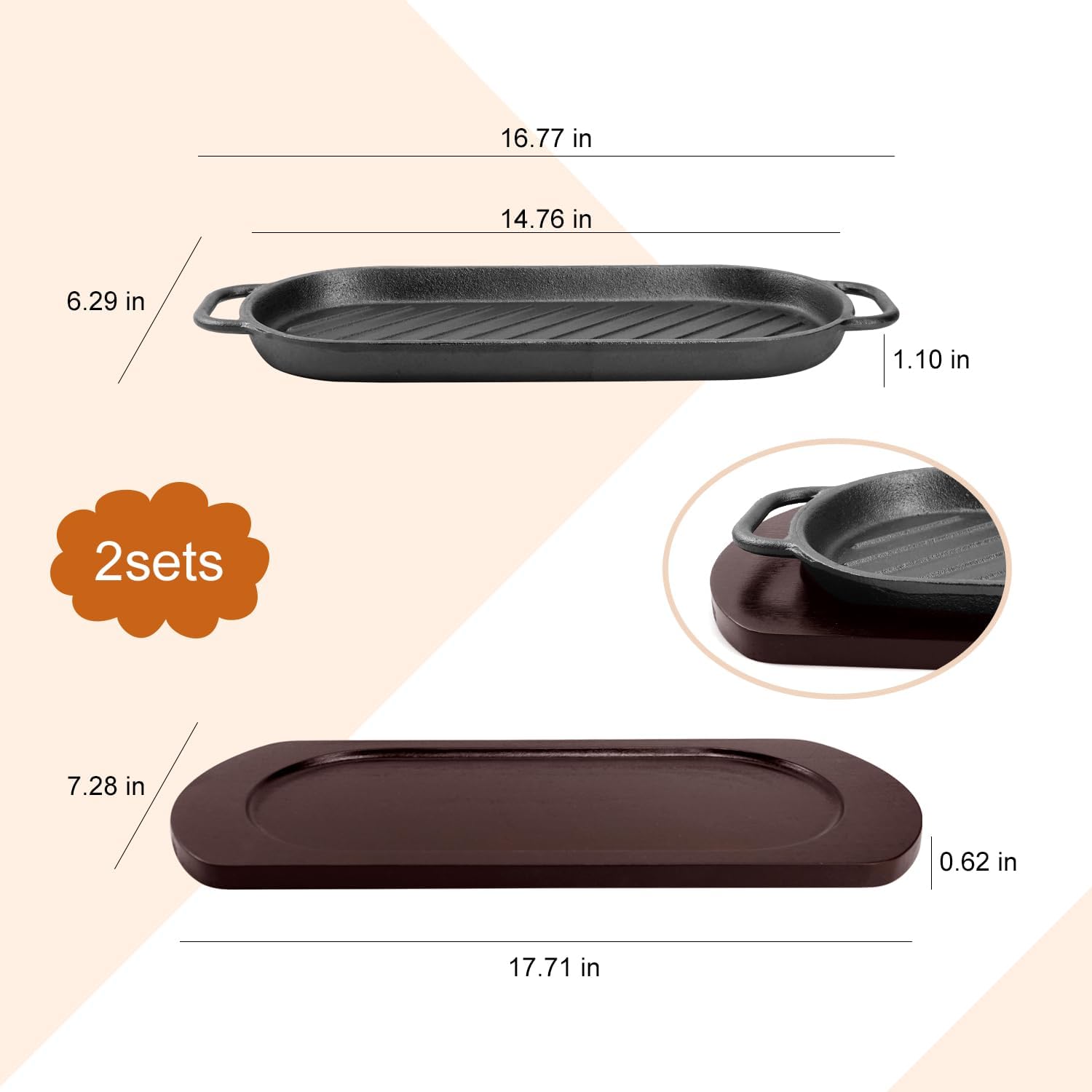 DVK Fajita Skillet Sizzling Plate with Wooden Base for Steak Plate Home Restaurant Kitchen Cooking (2PCS)