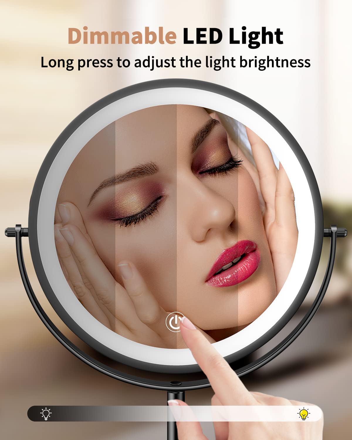 Gospire Specchio da trucco illuminato da 8 pollici con ingrandimento 10X/1X, 3 luci di colore | Regolazione della luminosità, rotazione a 360°, doppio lato, ricaricabile, senza fili, specchio cosmetico a LED per trucco