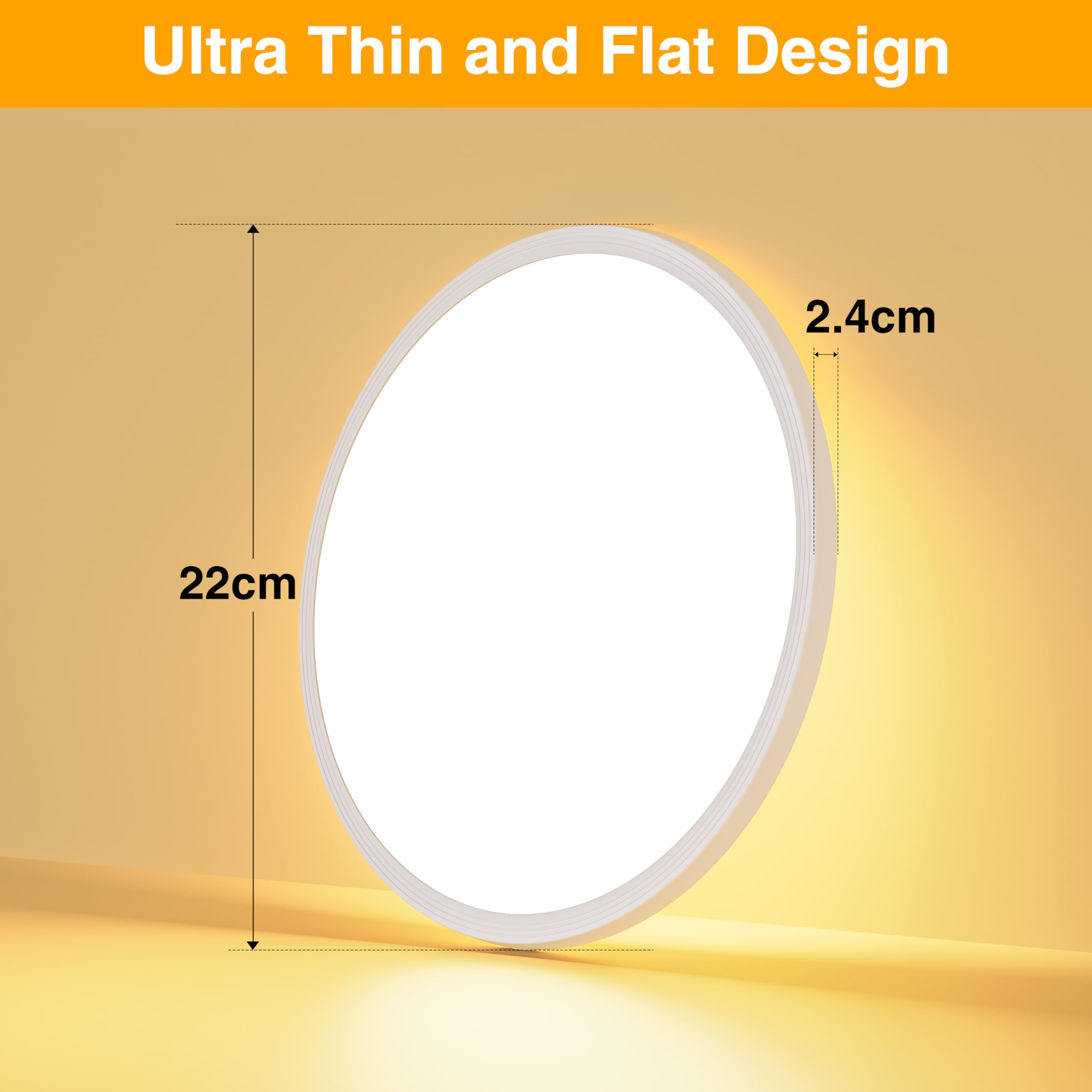 OUILA Plafoniera LED Soffitto 18W, Ø22CM Lampada da Soffitto LED 3000K 1600LM Impermeabile Alta Luminosità Plafoniere Bagno Plafoniere da Ufficio Luce Soffitto per Camera da Letto, Cucina, Balcon