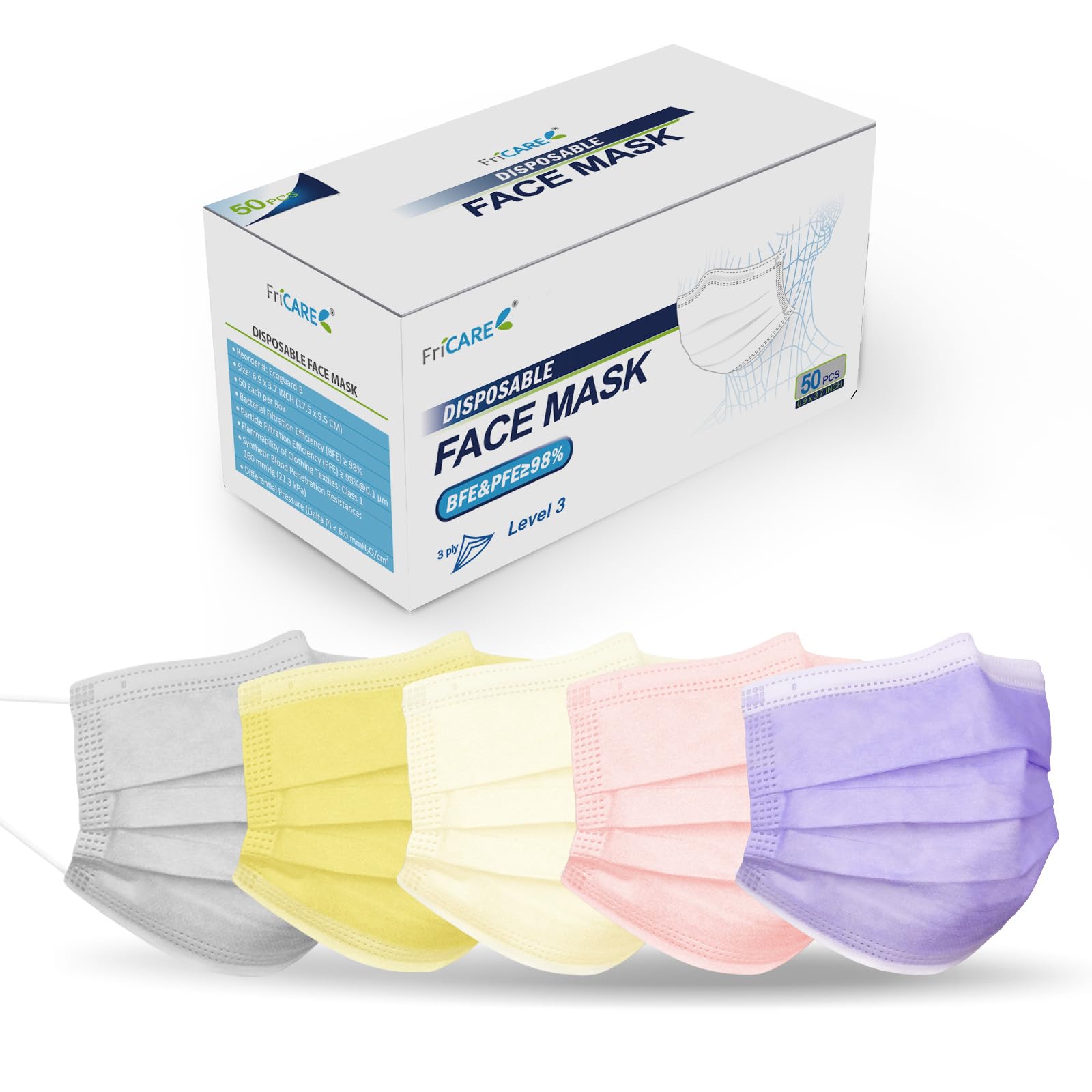 FriCARE Disposable Face Masks for Adults, 3 Ply ASTM Level 3 Medical Grade