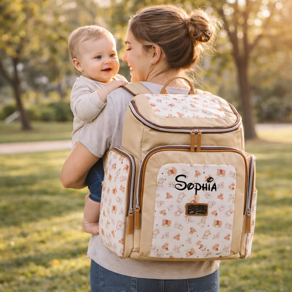 Disney Baby Personalized Winnie the Pooh Diaper Bags – Officially Licensed Travel Changing Bags with Multiple Pockets (Personalized Sitting Winnie the Pooh Diaper Bag)