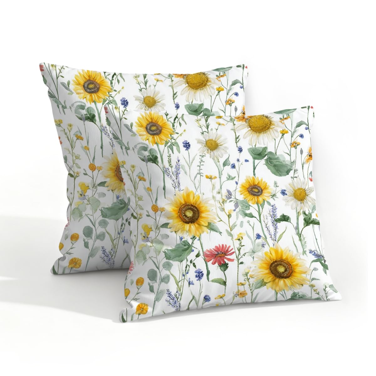 Outdoor Pillow Covers Waterproof Pillowcases 18x18in Set of 2 Watercolor Wildflowers Sunflower Decorative Throw Cushion Case for Couch Sofa Garden Patio Furniture