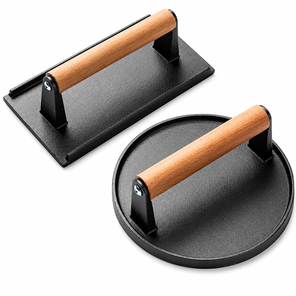 XPJBKC 2-Pieces Heavy-Duty Cast Iron Burger Press, Smash Burger Press Set with Wooden Handle, Round & Rectangle Meat Press, for Hamburger, Bacon, Meat, for Burger Lovers, Home Chefs & Pitmasters