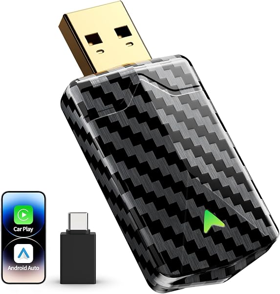 Mini CarPlay Wireless Adapter & Android Auto Wireless Adapter mit Auto GPS Navigation, Karbonfaser Design, Metall USB-A/C, Schnell Stabil, Kompatibel ab 2016, fĂŒr Apple iPhone (iOS 10+) & Android 10+ - 1