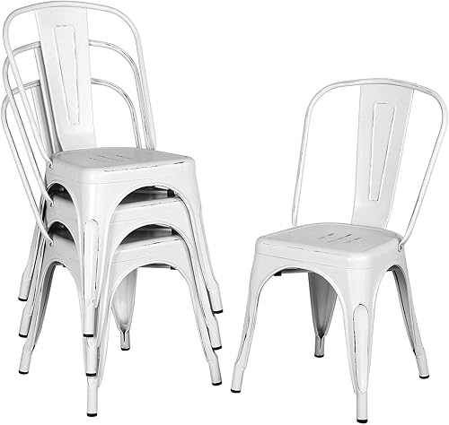 Topeakmart Juego de 4 sillas de comedor de metal apilables con respaldo, color blanco envejecido disponible en Yaxa Colombia
