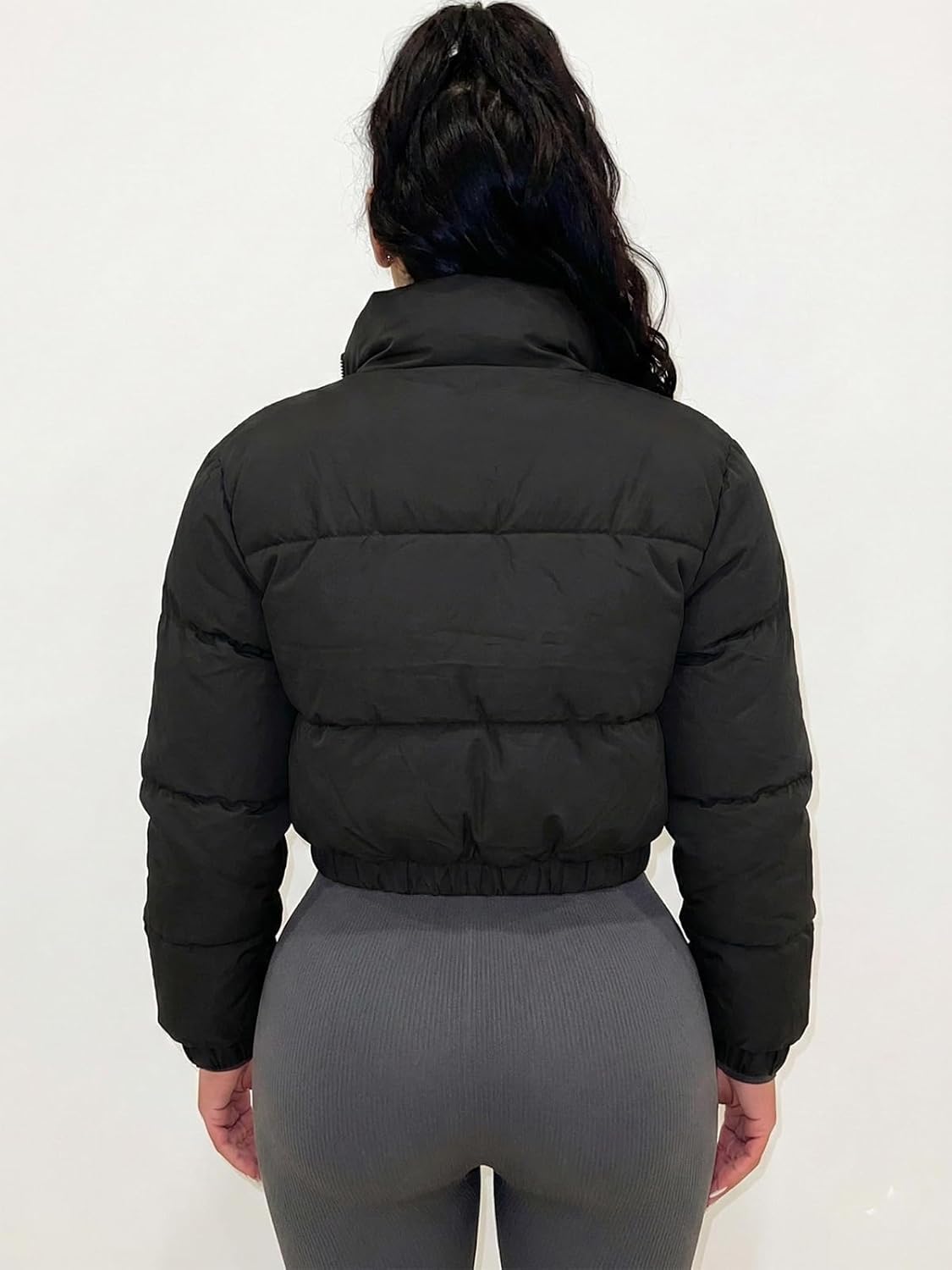 Angsuttc Puffer Jacket Womens Cropped Zip Up Padding Warm Quilted Jackets Winter Coats - Image 2