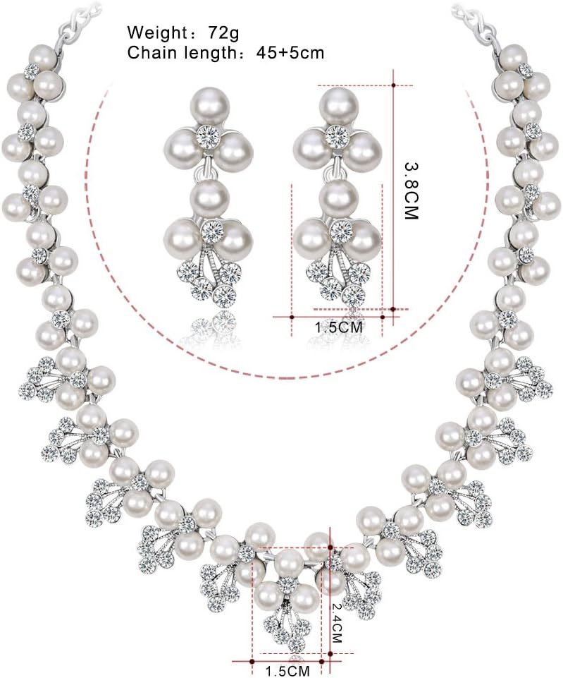 JWICOS Faux Pearl Bridal Necklace Earrings Set Elegant Classic Rhinestones Floral Vine Wedding Bride Accessoreis Set for Women - Image 5