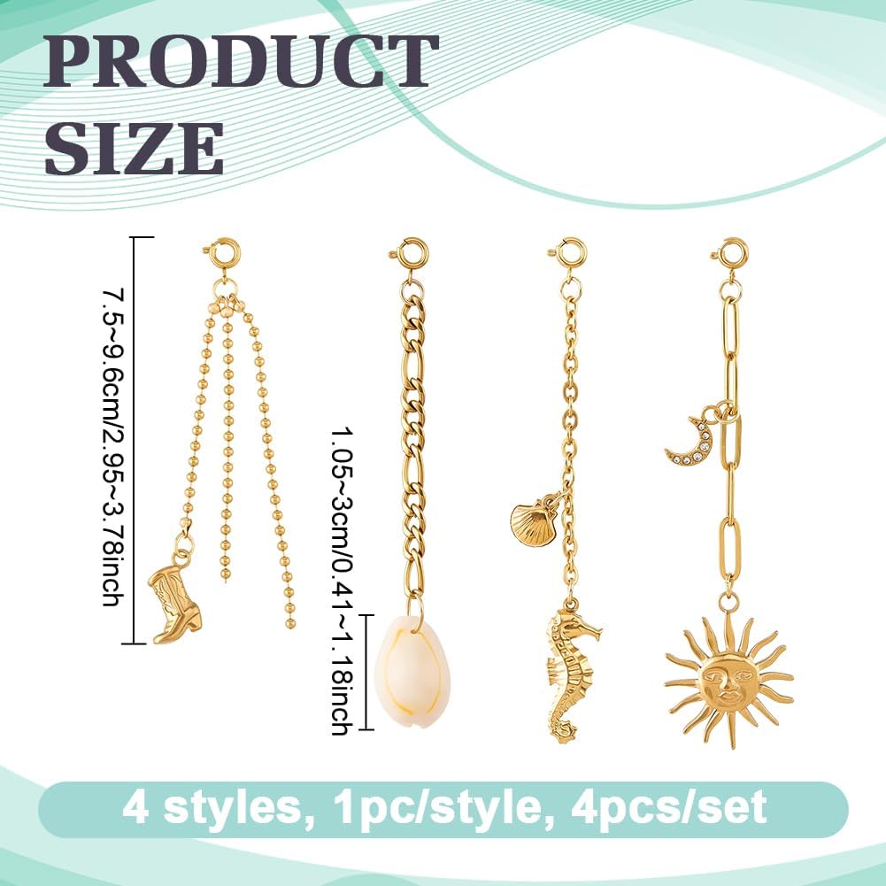 NBEADS 4 Pcs 4 Styles Gold Plated Bikini Charms, 304 Stainless Steel Clip-On Swimwear Charms with Shell Pendants, 75~96mm Dangle Charms for Bikini, Jewelry Making Summer Beach Accessories image 2