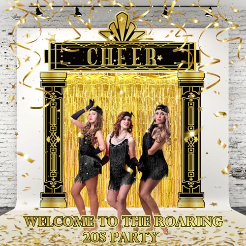 Tingjoo 6 Pcs Roaring 20s Party Decorations Set Black and Gold Door Cover Banner with Gold Tinsel Fringe Curtain Backdrop 1920s Birthday Speakeasy Awards Night Vintage Jazz Flapper Wedding Supplies by Tingjoo - Used condition - Image 7