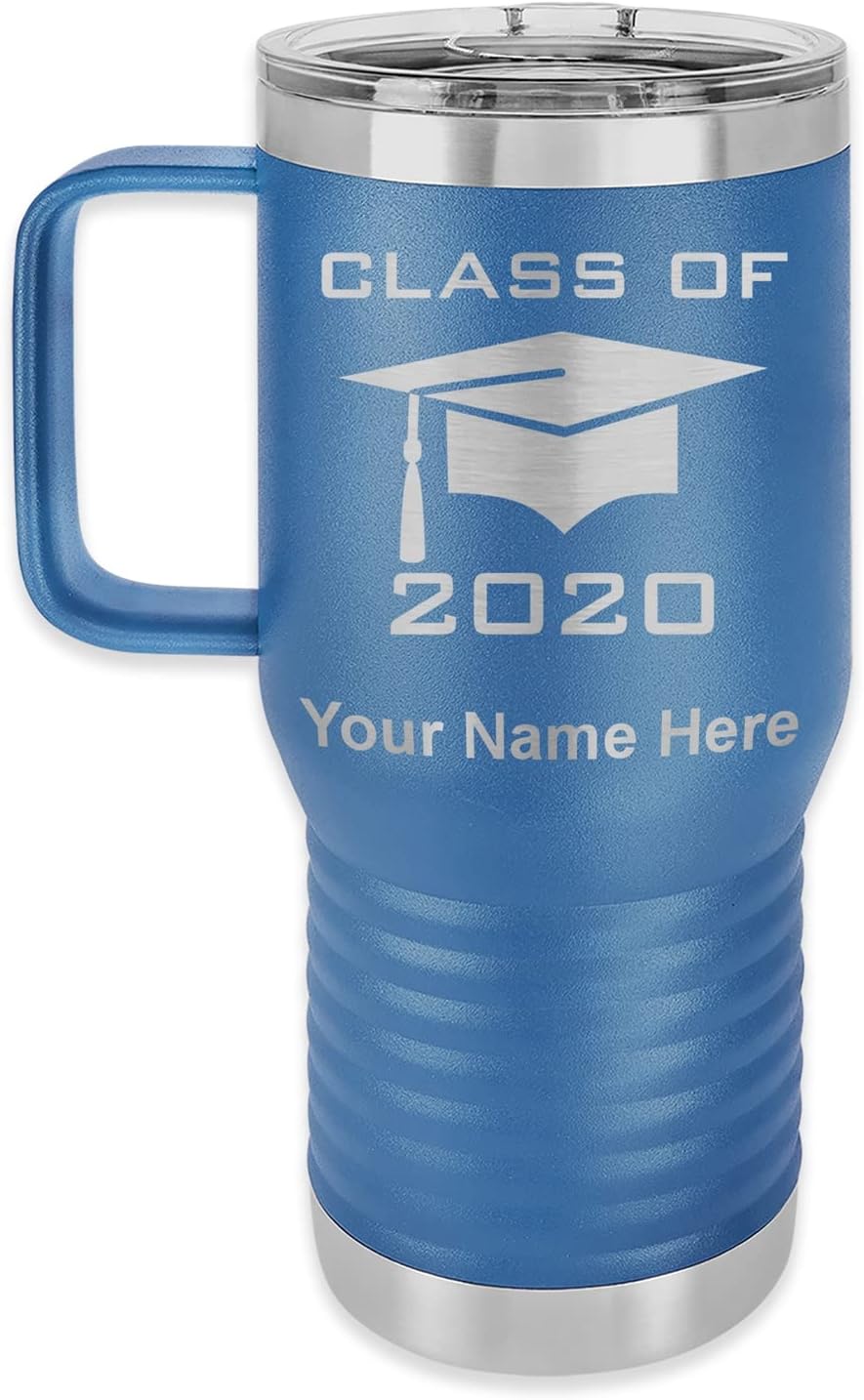 LaserGram 20oz Vacuum Insulated Travel Mug with Handle, Grad Cap Class of 2023, 2024, 2025, 2026, 2027, Personalized Engraving Included (Dark Blue)