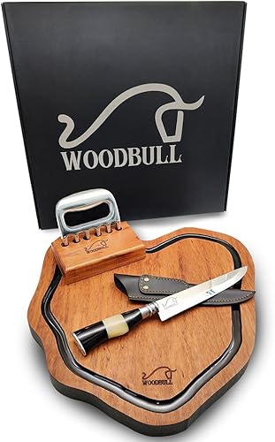 WOODBULL Juego de barbacoa artesanal 3 piezas - Kit de accesorios para barbacoa con tabla de cortar de madera Muiracatiara, garra de oso con