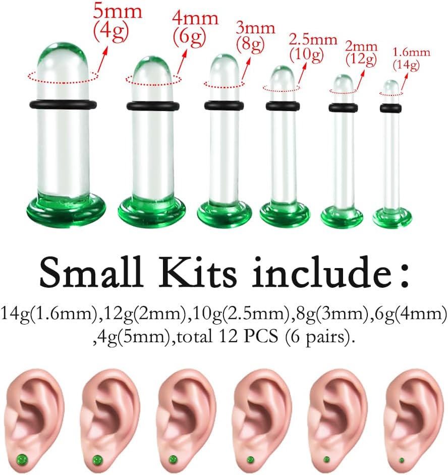 12Pcs/10Pcs/6Pcs Single Flare Glass Stretching kits Short Taper Expander with Rubber O-Rings,1.6-12mm(14G-00G) Full Size Ear Gauges Tunnels Plugs,6 colors Cylindrical Body Piercing