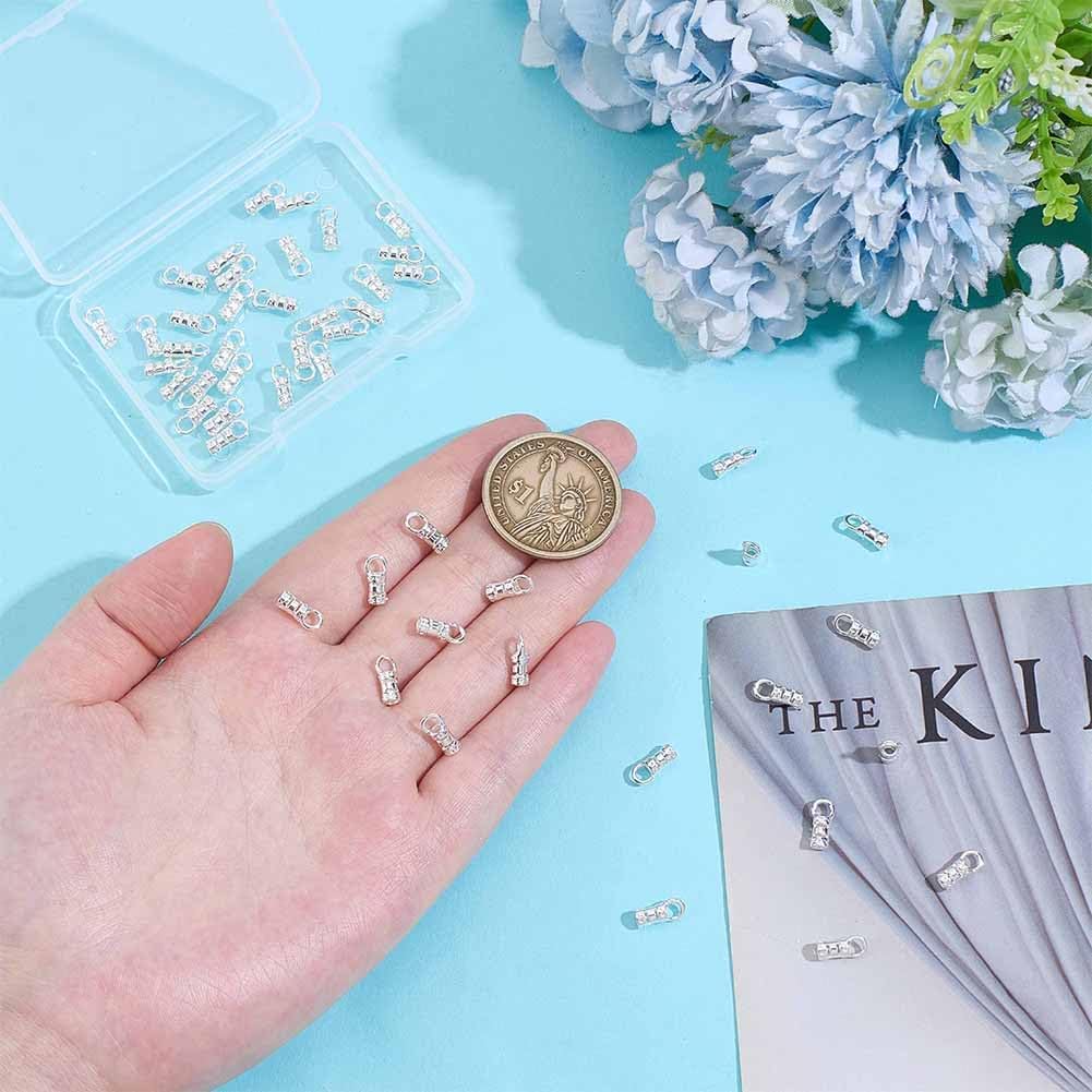 PH PandaHall 50pcs Silver Cord Ends Caps Brass Crimp Beads Cord Thread Ends Jewelry Connectors Mini Crimp End Tips with Loop for DIY Jewelry Making, Bracelet Necklace Earring Anklet, 7.2x2.5mm