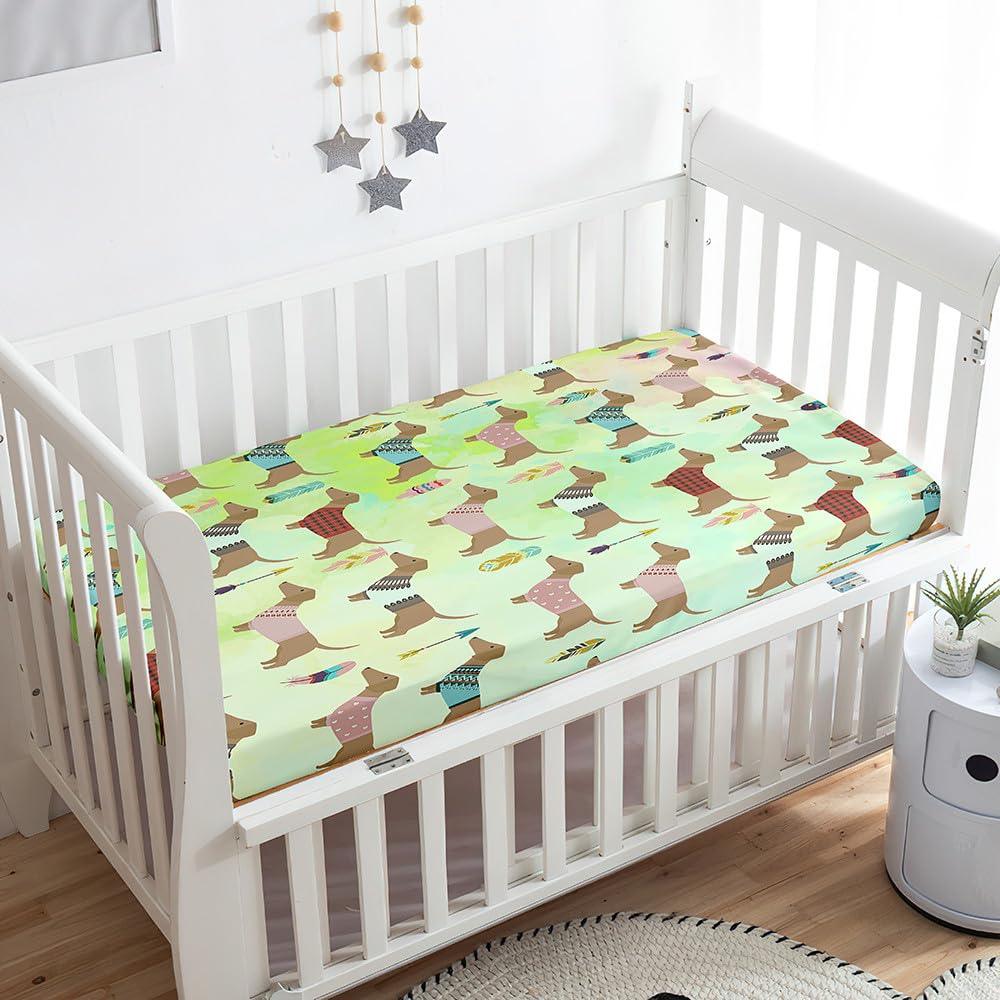 Odot Cot Bed Sheets Dachshund Print Bedside Cribs Fitted Sheets, Baby Bed Sheets Microfiber Cot Bed Mattress Protector, Bassinet Sheets, Easy Care Soft and Dureable (70x140 cm,Green)