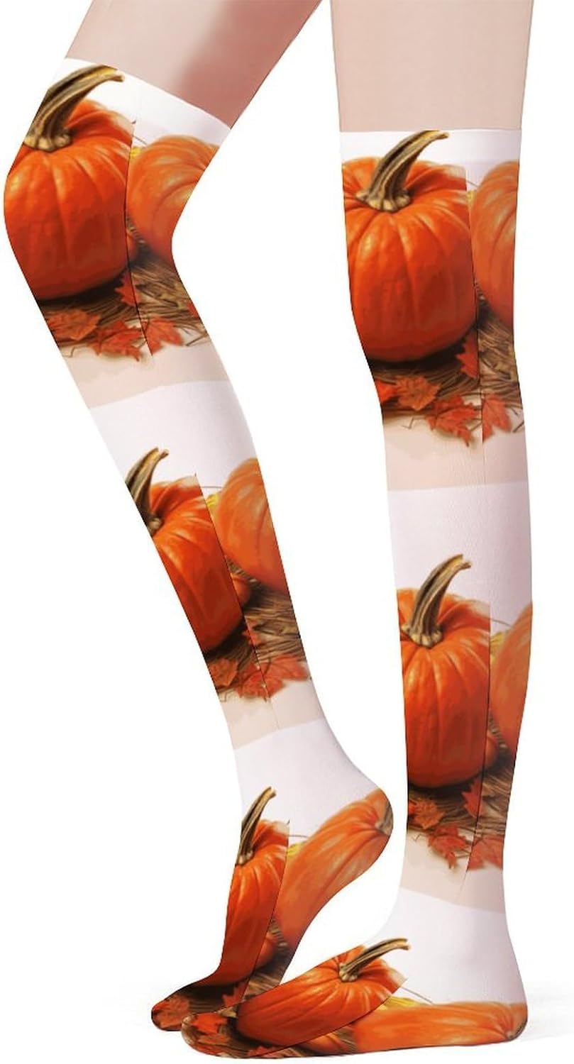 Fall Pumpkin Knee High Stockings for Women 23.6" Breathable Thigh High Stockings Over The Knee Socks