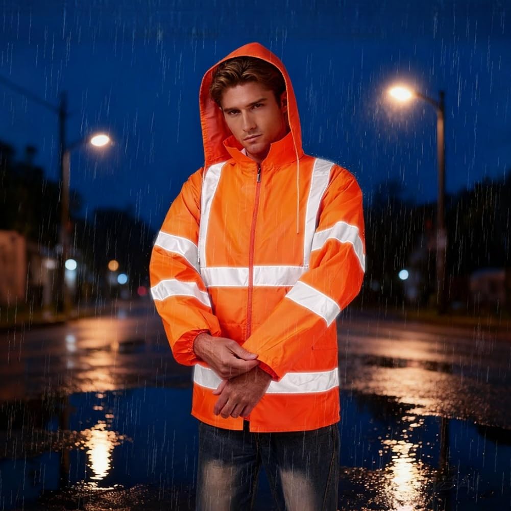 flintronic Veste De Pluie Haute-Visibilité pour Hommes, Imperméable Veste de sécurité avec réflecteurs, Imperméable Légère, Orange