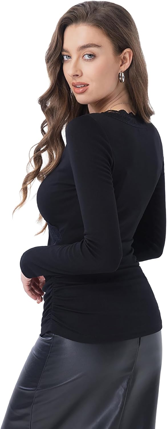 AmélieBoutik Women Lace Trim Neckline Long Sleeve Tops V Neck Casual T-Shirt - Image 2