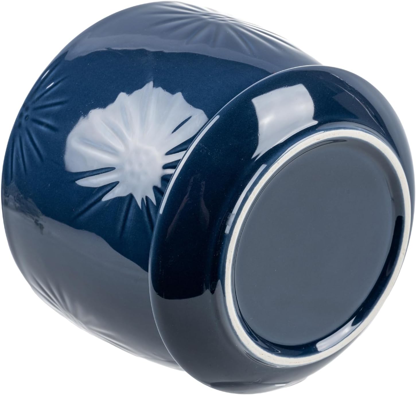 MyGift 7 Inch Round Blue Ceramic Plant Pot with Drainage Hole and Attached Saucer, Modern Decorative Embossed Sunburst Planter Container for Indoor Home Garden