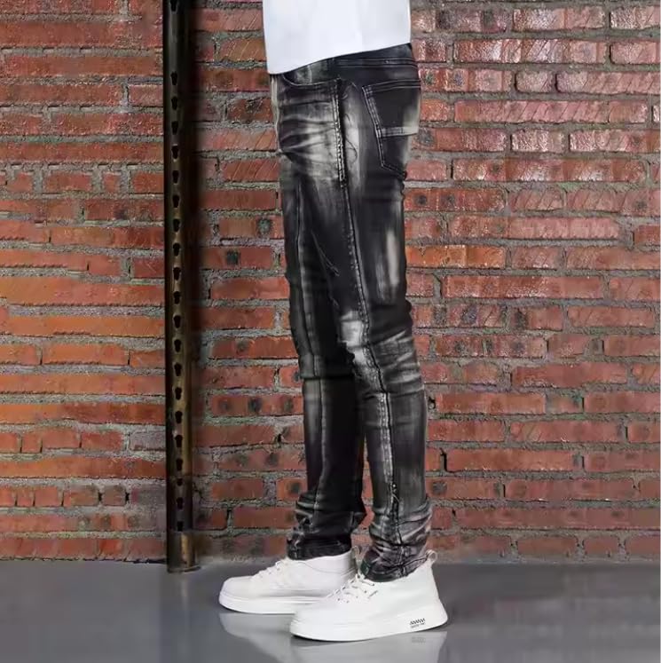 Men's Slim-fit Mid-Rise Jeans with Distressed and Tie-dye Detailing, Casual Hip-hop Style Men's Jeans3