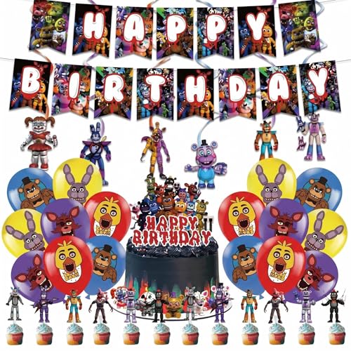 52 Pcs Freddys Happy Birthday Decorations Five Nights Party Decorations Includes 1 Banner 6 Hanging Decorations 20 Balloons 1 Cake Topper and 24 Dessert Decorations