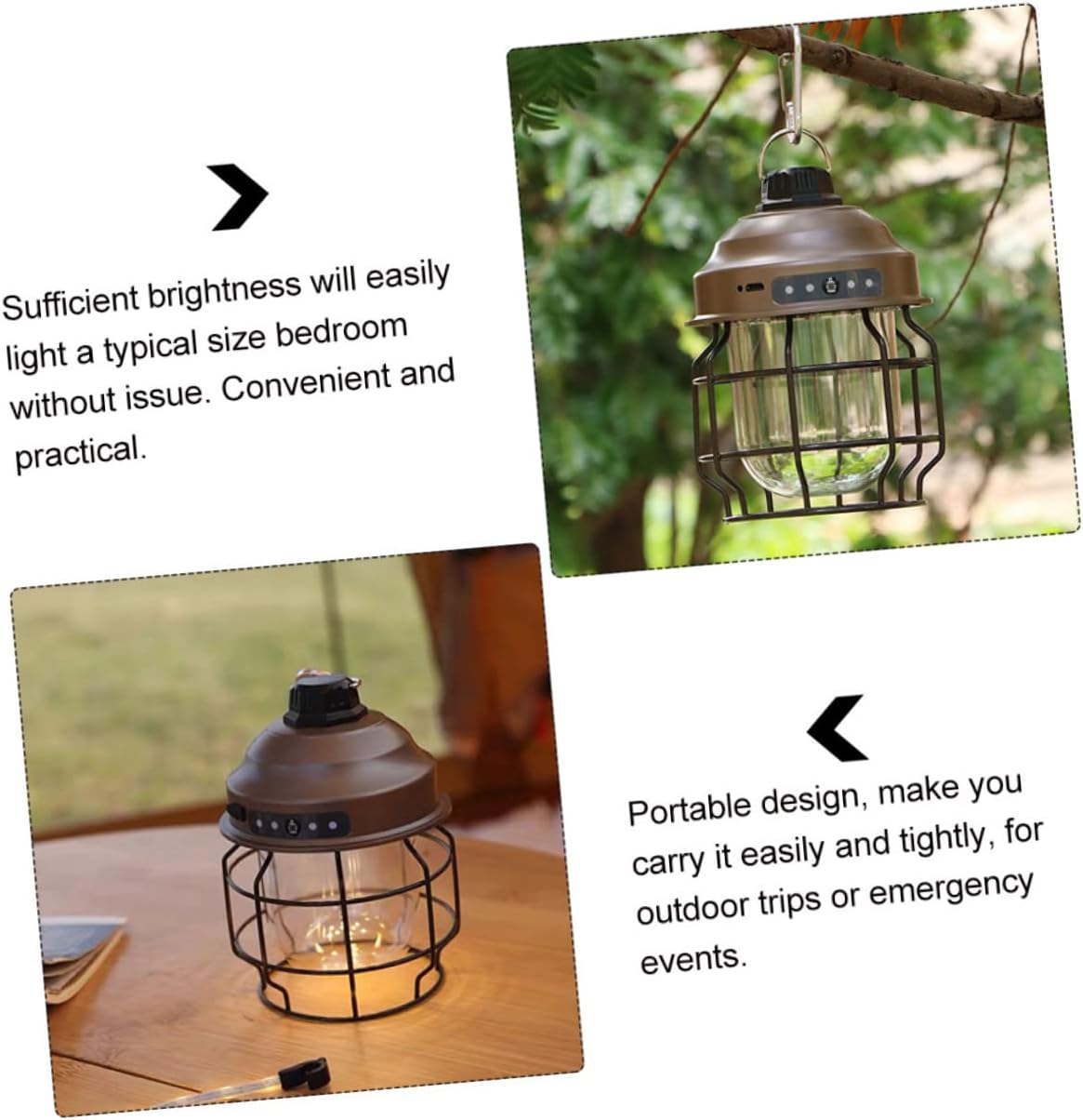 Rechargeable Retro Style Camping Lantern USB Portable Hanging Lamp for Outdoor Hiking Hunting Fishing Power Outage Lighting Tool Brown