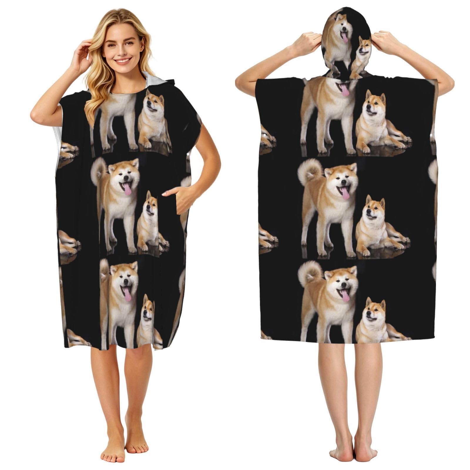 Poadnly Shiba Inu Akita Inu, Adult Hooded Beach Towel 90 x 110 cm,Changing Bath Robe, Surf Poncho Towel For Women Men